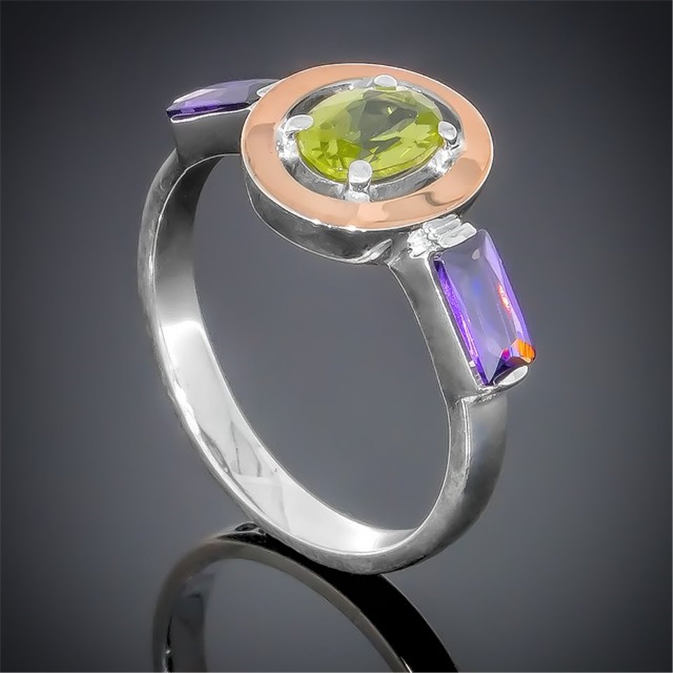 Перстень 381 хризоліт/аметист Rh Timofeev