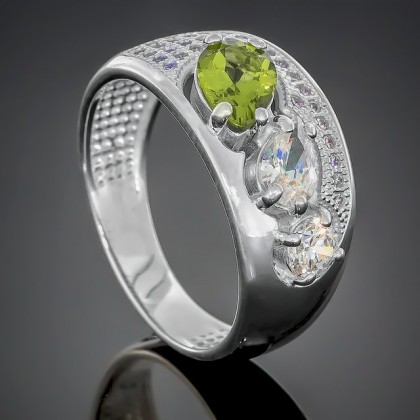 Перстень 426 хризоліт/цирконій білий Rh Timofeev
