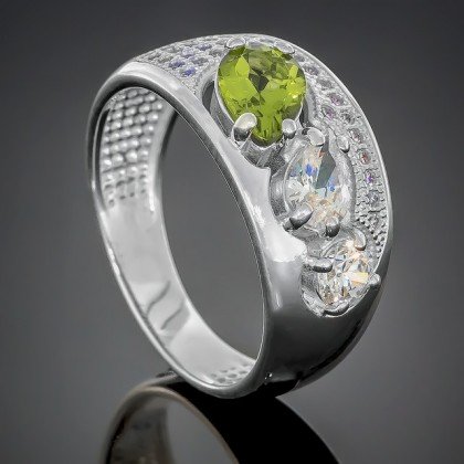 Перстень 426 хризоліт/цирконій білий Rh Timofeev