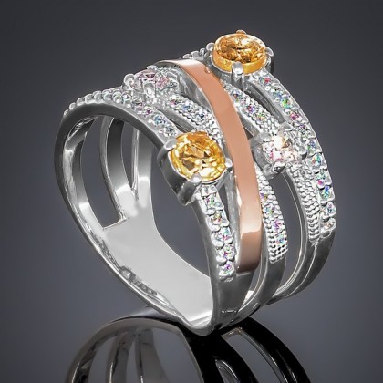 Перстень 392 цитрин/цирконій Rh Timofeev