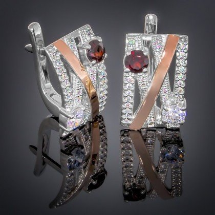 Сережки 392 гранат/цирконій білий Rh Timofeev