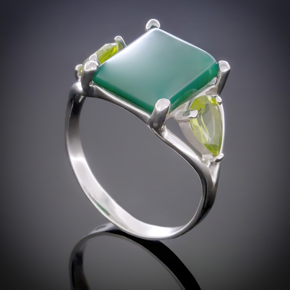 Перстень 104 агат зелений\хризоліт Rh Timofeev