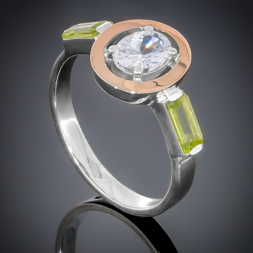 Перстень 381 цирконій білий/олива Rh Timofeev