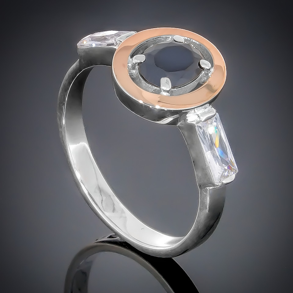 Перстень 381 цирконій чорний/цирконій білий Rh Timofeev