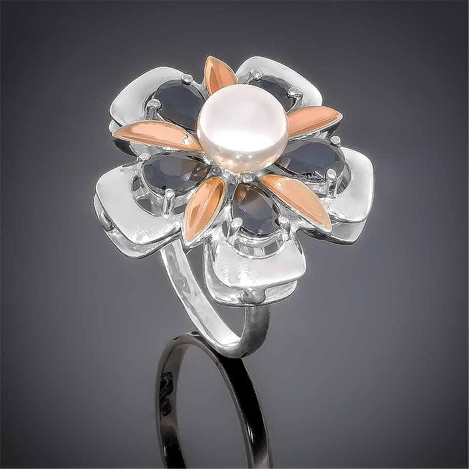 Перстень 54 перлина біла\цирконій чорний Rh Timofeev