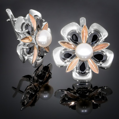 Сережки 54 перлина біла\чорна Rh Timofeev