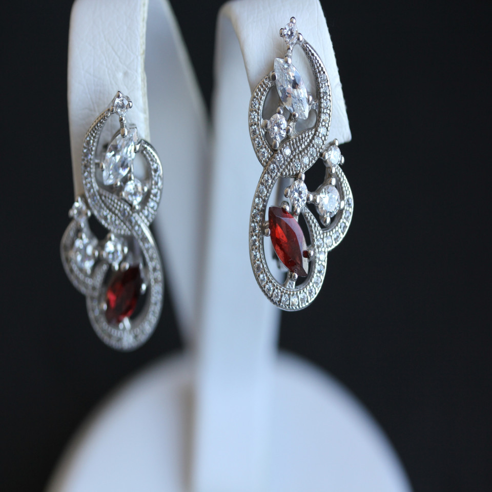 Сережки 417 гранат/цирконій білий Rh Timofeev