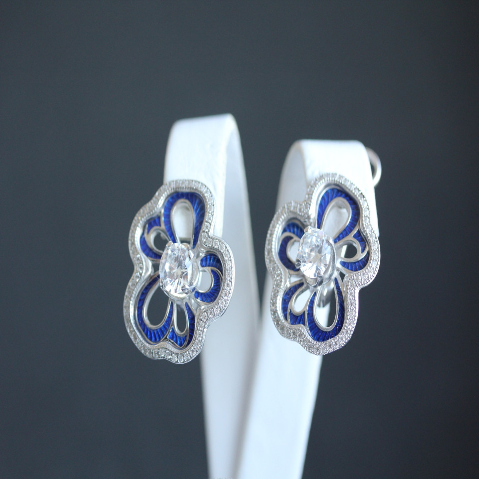 Сережки 462 цирконій білий\синя емаль Rh Timofeev