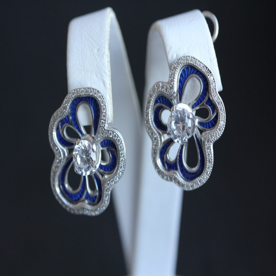 Сережки 462 цирконій білий\синя емаль Rh Timofeev