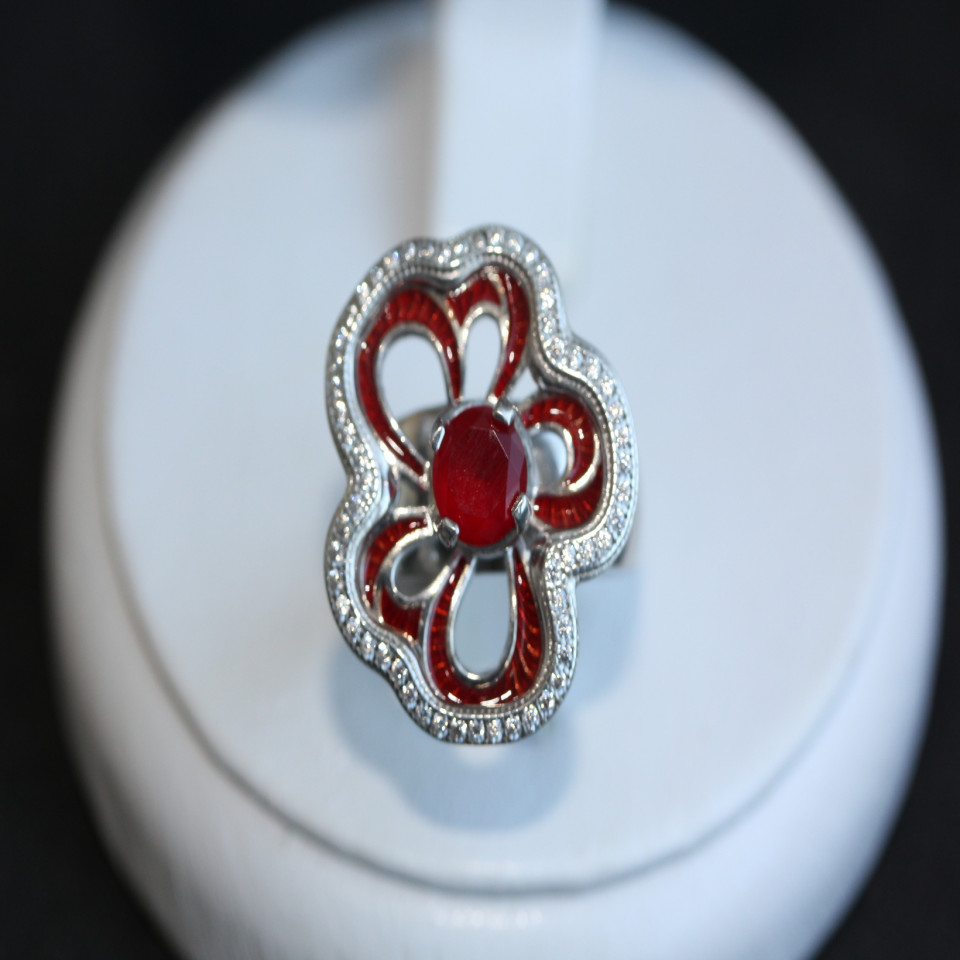 Перстень 462 альпініт червоний/червона емаль Rh Timofeev