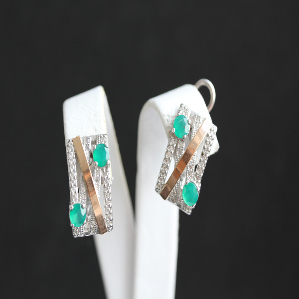 Сережки 392 агат зелений/агат зелений Rh Timofeev