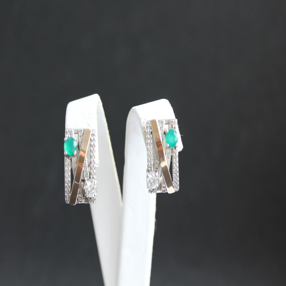 Сережки 392 агат зелений/цирконій білий Rh Timofeev