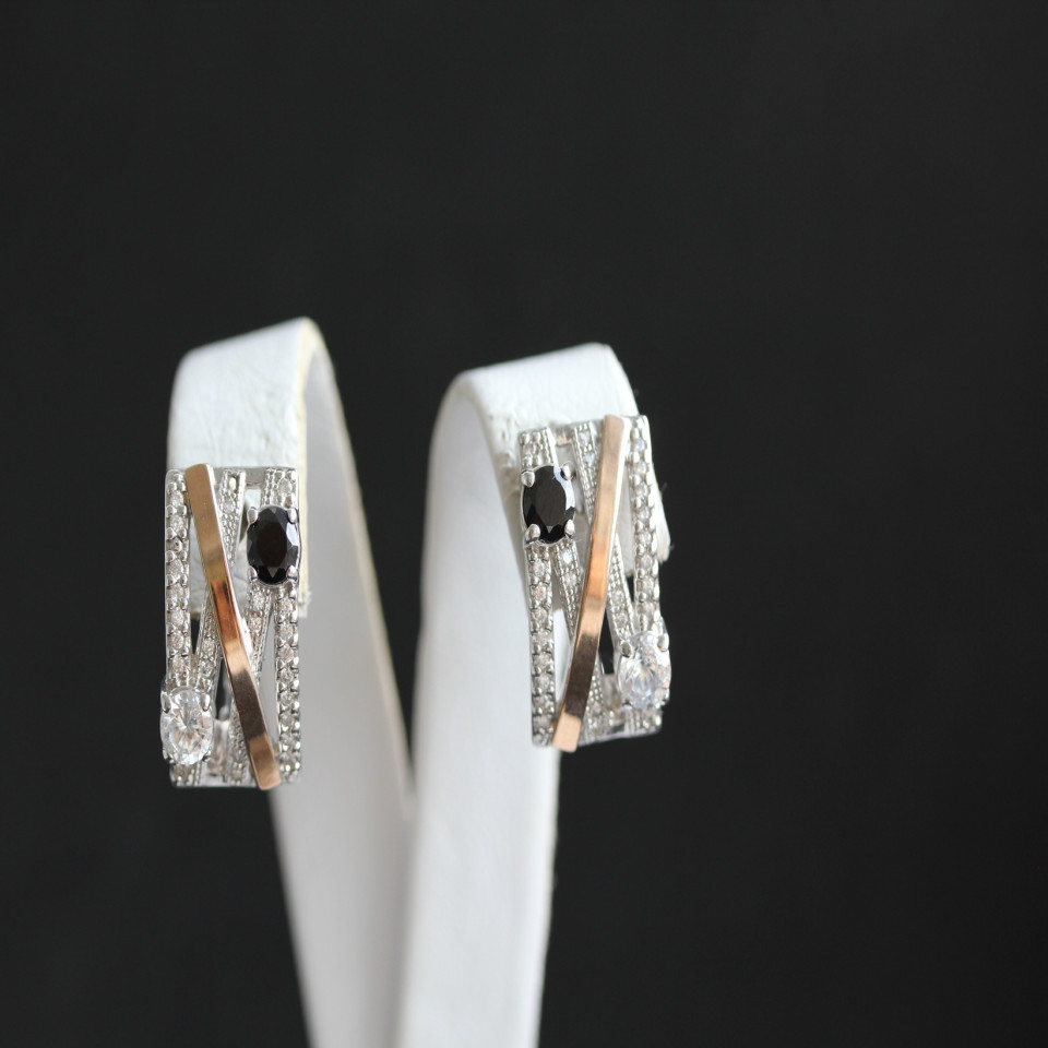 Сережки 392 цирконій чорний/цирконій білий Rh Timofeev